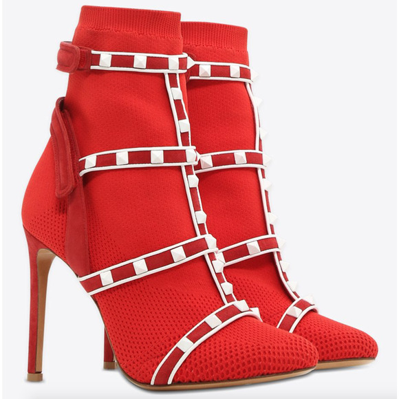 Valentino Rockstud Bodytech Red White Sock Knit Ankle Heel Boot Bootie Shoe 36 - Picture 3 of 12